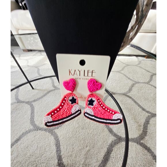 Kay Lee Pink Beaded Sneaker Earrings New - Picture 1 of 4